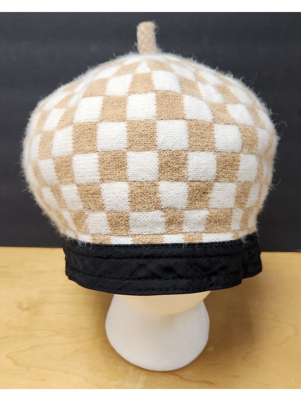 Checkered Knit Beret Hat Satin Lined Hair Bonnet Adjustable Drawstring Tan White